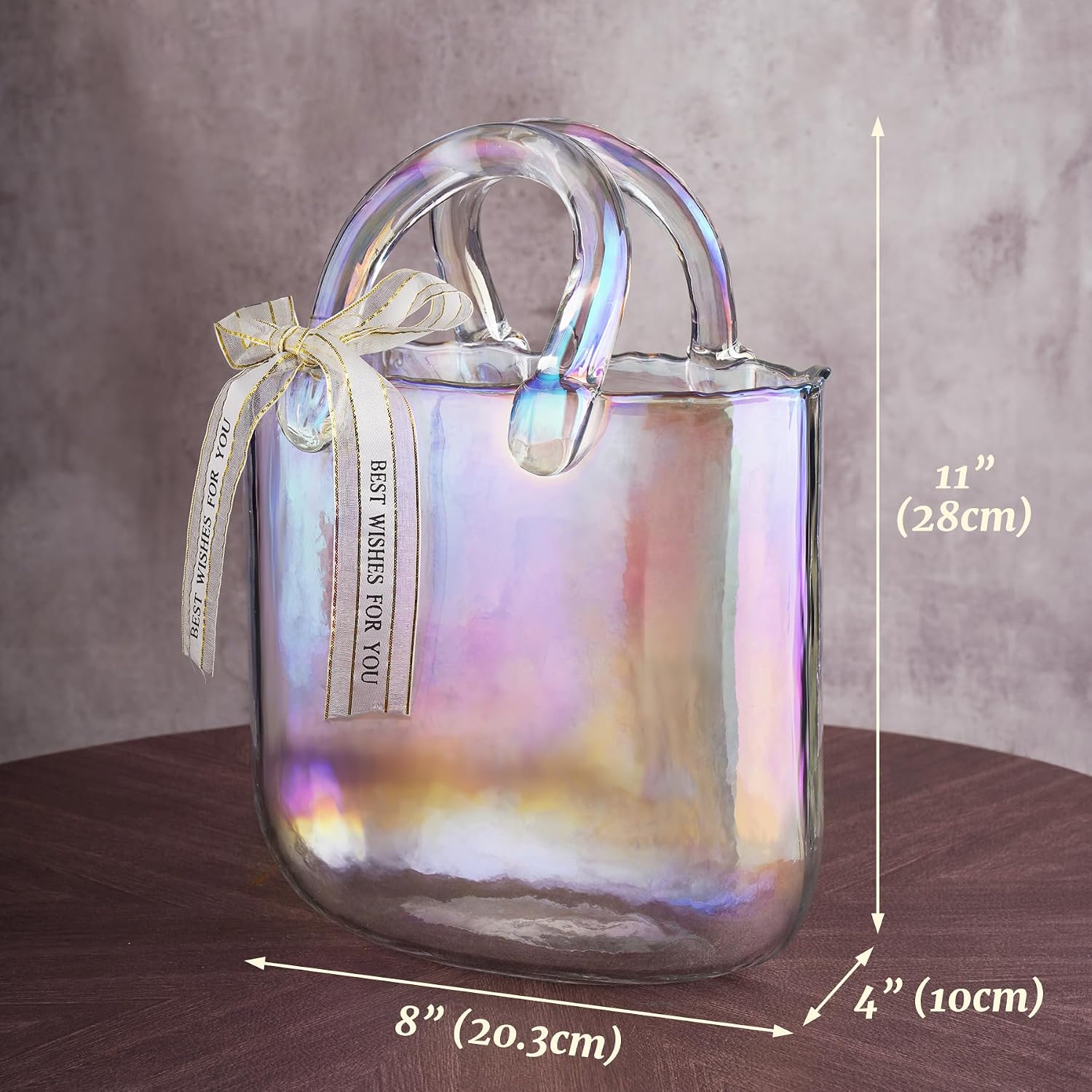 NiHome Iridescent Glass Purse Vase, Glass Handbag Vase for Flowers, Wide Mouth Glass Vase for Home Décor, Weddings, Birthdays, Durable Thickened Handle & Silk Ribbon Bow, Versatile Use as Fishbowl
