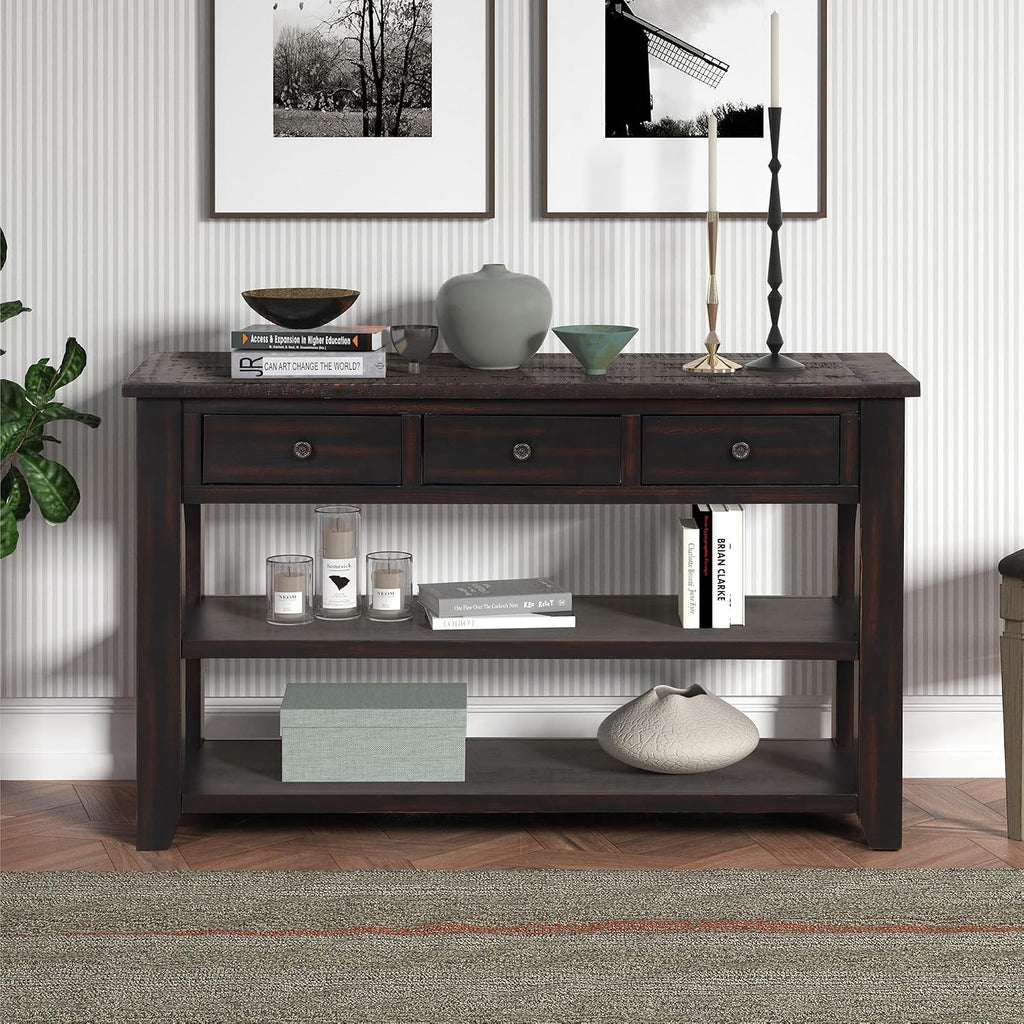 RuiSiSi 48” Console Table with 3 Drawers and 2 Shelves, Farmhouse Wood Sofa Table for Living Room, Entryway, Hallway, Distressed Black