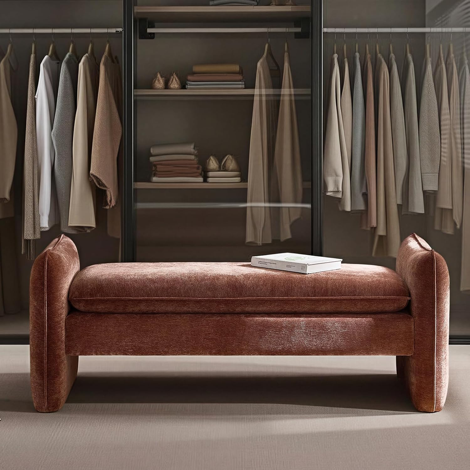 HULALA HOME 57.5" Modern Chenille Upholstered Bench, End of Bed Bench with Thick Padded Seat, Plush Cushion Bedroom Bench for Bedroom, Living Room, Rust