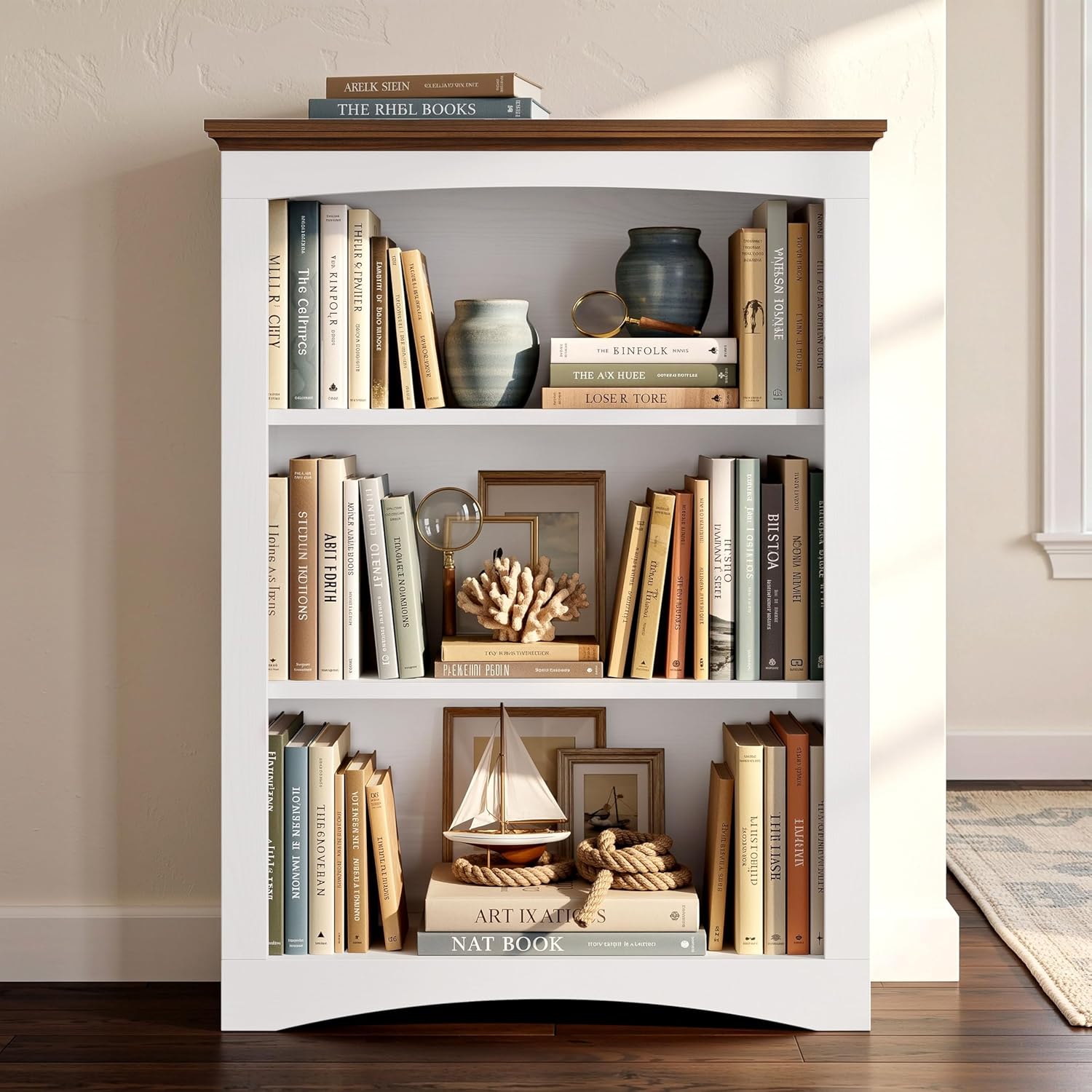 IRONCK 43" Tall Bookcase, 3 Tier Bookshelf with Thick Open Storage Shelf, 33in Wide Floor Standing Book Shelf for Home Office, Living Room, Bedroom, White