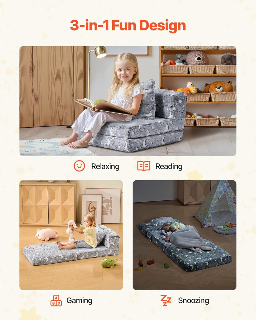 VEVOR 3-in-1 Kids Sofa, Foldable Toddler Soft Couch, Glow in The Dark Kids Couch Fold Out with 28D Sponge & Flannel Fabric, Convertible Toddler Chair to Lounger for Reading, Playing, Gaming, M, Gray