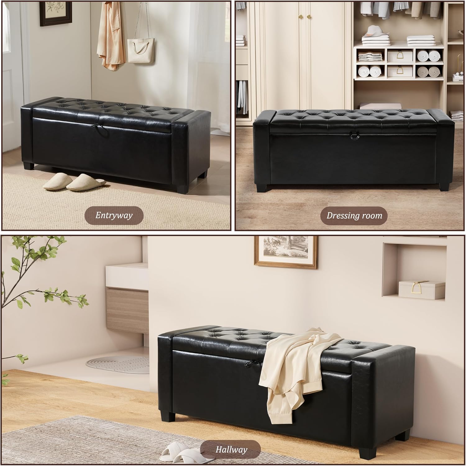 Royal Windsor Ottoman with Storage,Tufted Storage Bench with Safety Hinge,Holds up to 350 lb,Upholstered Bench with Seating for Bedroom, Living Room,Entryway,Leather Black