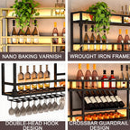47in Wall Mounted Wine Rack with LED Lights, 3-Tier Heavy Duty Metal Wine Bottle Display Shelf w/Hanging Rack, Wall-Mounted Wine Storage Organizer for Home/Bar/Cafe (B-BLACK, 47.2 * 10 * 35.5IN)