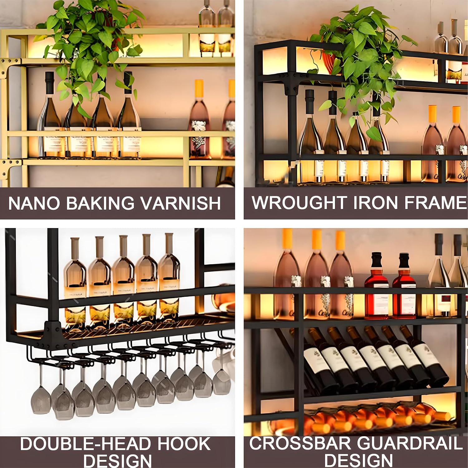 47in Wall Mounted Wine Rack with LED Lights, 3-Tier Heavy Duty Metal Wine Bottle Display Shelf w/Hanging Rack, Wall-Mounted Wine Storage Organizer for Home/Bar/Cafe (B-BLACK, 47.2 * 10 * 35.5IN)