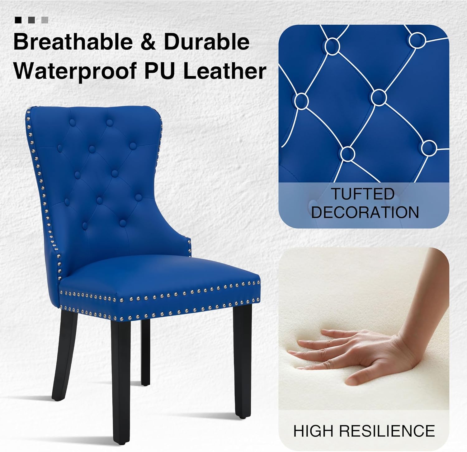 adochr PU Leather Dining Chairs Set of 6, Tufted Upholstered Dining Room Chair with Pull Ring and Solid Wood Legs, Blue