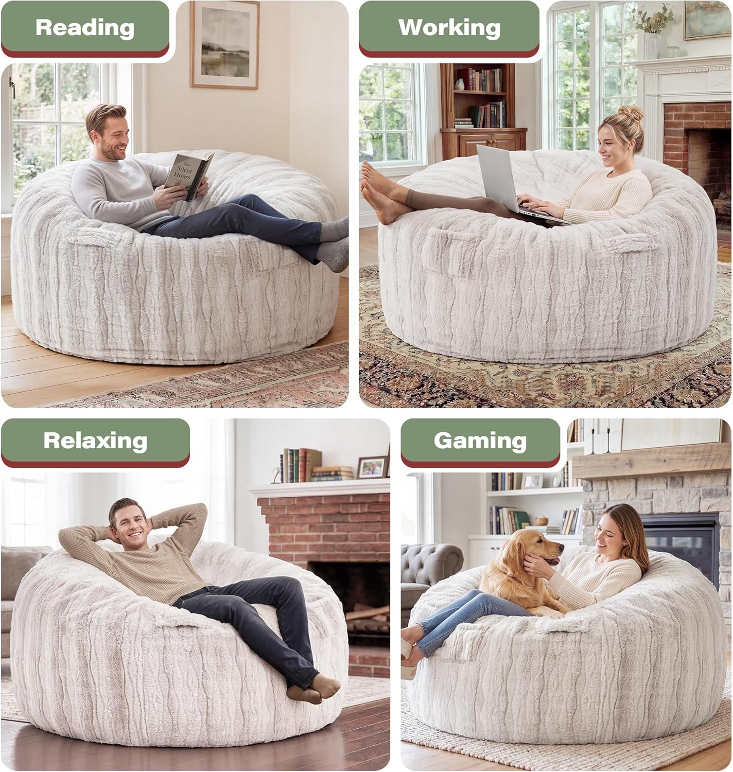 fond + found 5FT Bean Bag Chairs Giant Bean Bag Chair Cover with Wave Pattern Fur Washable Bean Bag Chairs for Adults Filled with Memory Foam for Bedroom Living Room (Oatmeal, 5FT- 50" x 50" x 24")