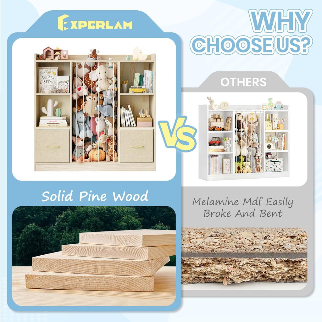 EXPERLAM 4-in-1 Toy Storage Organizer with Stuffed Animal Storage, Solid Pine Kids Bookshelf and Toy Shelf, 6 Cube Shelf with 2 Removable Drawers, Stuffed Animal Zoo for Kids Room, Playroom, Nursery