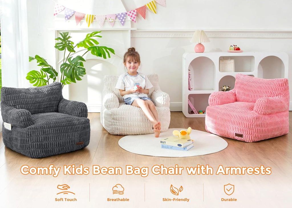 MAXYOYO Bean Bag Chair for Kids, Toddler Bean Bag Sofa with Armrest, Comfy Lazy Chair with Convenient Pockets, Floor Sofa with Filler for Gaming, Reading, Beige
