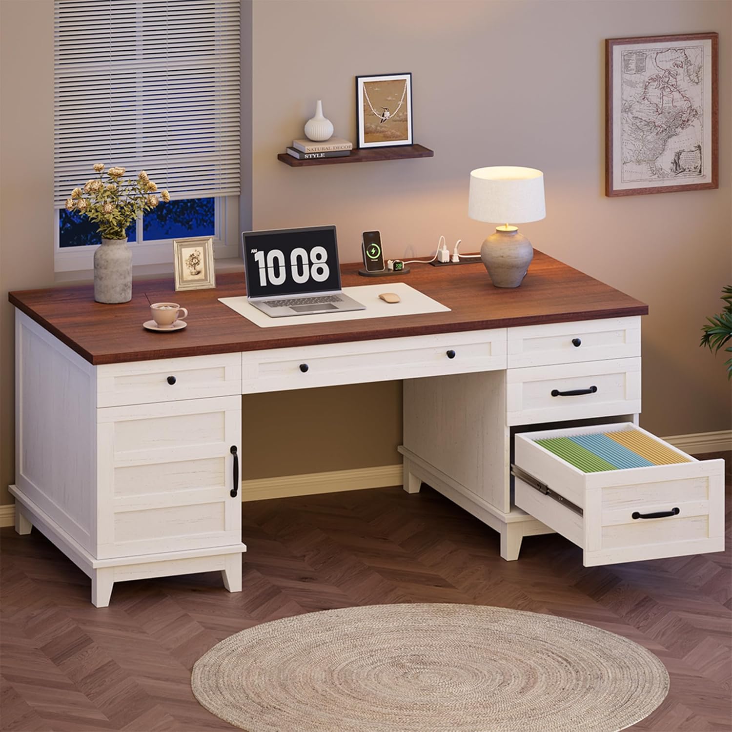 Garvee 60" Wooden Home Office Desk with File Drawers, Executive Desk with Adjustable Cabinet, Farmhouse Wood Desk with Power Outlet, Distressed Study and Work Table, Rustic White