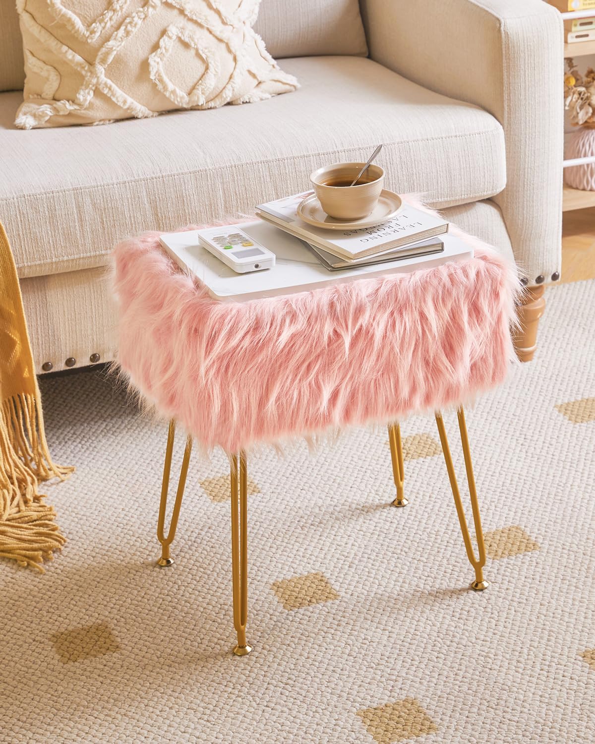 IBUYKE Rectangular Faux Fur Vanity Stool with Storage, Pink WBD022P | Furry Makeup Chair Ottoman Soft Padded Seat Round Footrest Footstools 4 Metal Legs Living Room Bedroom Entryway