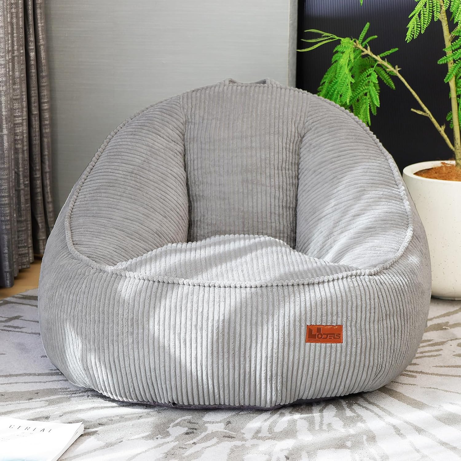 Giant Bean Bag Chair for Adults Teens and Kids, Cozy Fluffy Corduroy Beanbag Chair with Filler Large Floor Lounge Sofa for Living Room, Bedroom (L-Light Grey)