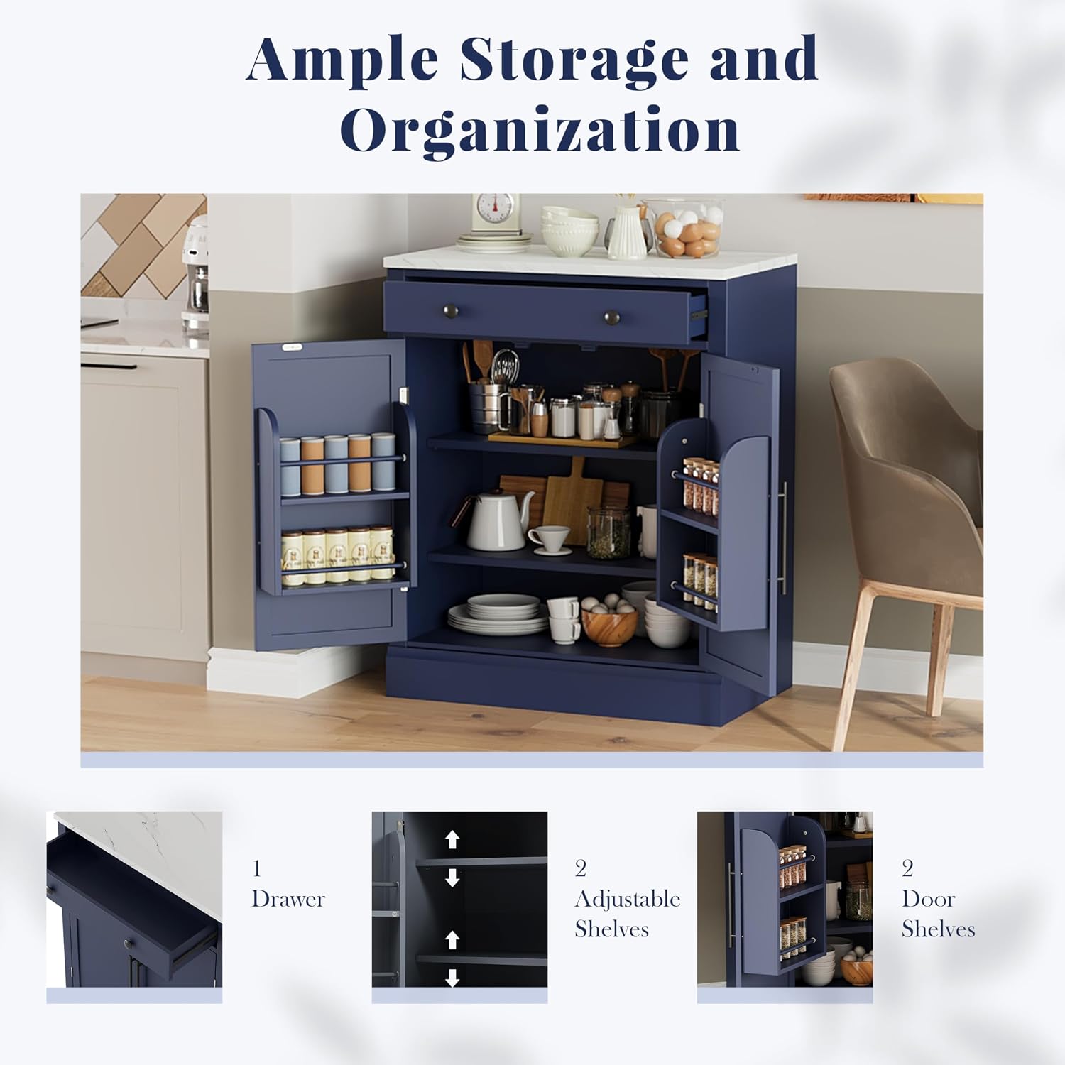 Merax Kitchen Pantry Storage Cabinet Freestanding Cupboard with Darwer, 2 Adjustable Shelves and 2 Door Shelves Coffee Bar Cabinet for Kitchen, Dining, Living Room, Blue x 2