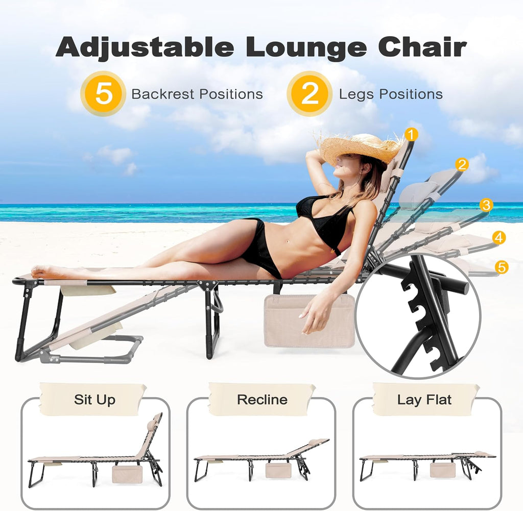 NUU GARDEN Outdoor Foldable Chaise Lounge Chairs, Tanning Chair with Face Hole and Pillow 5-Position Reclining Oxford Fabric - Portable for Beach, Poolside, Patio Camping (Khaki)