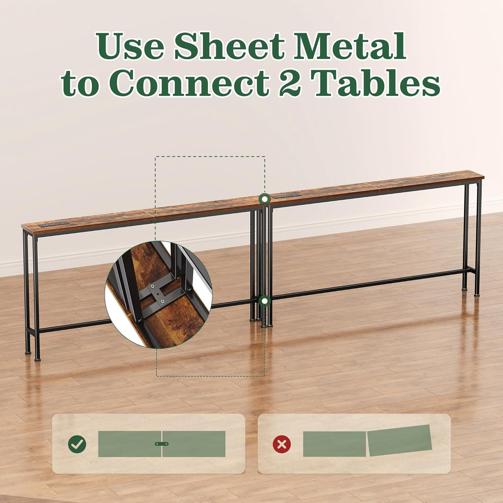 SUPERJARE 102.4 Inch Sofa Table with Power Outlets and USB-C Ports, 5.9 Inch Narrow Console Tables, Entryway Hallway Couch Tables with Storage, Behind Sofa, Small Spaces, Living Room, Rustic Brown