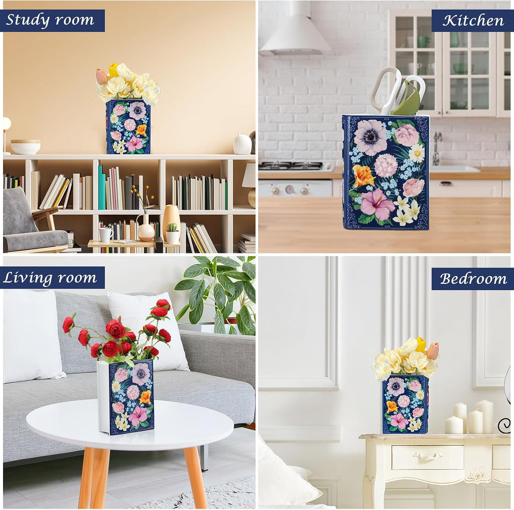 Uiifan Book Shaped Small Flower Vase Decorative Ceramic Vases Cute Home Decor for Bookshelf Dining Table Desk Office Home Decor Unique Vase for Book Lovers (Retro Flowers)