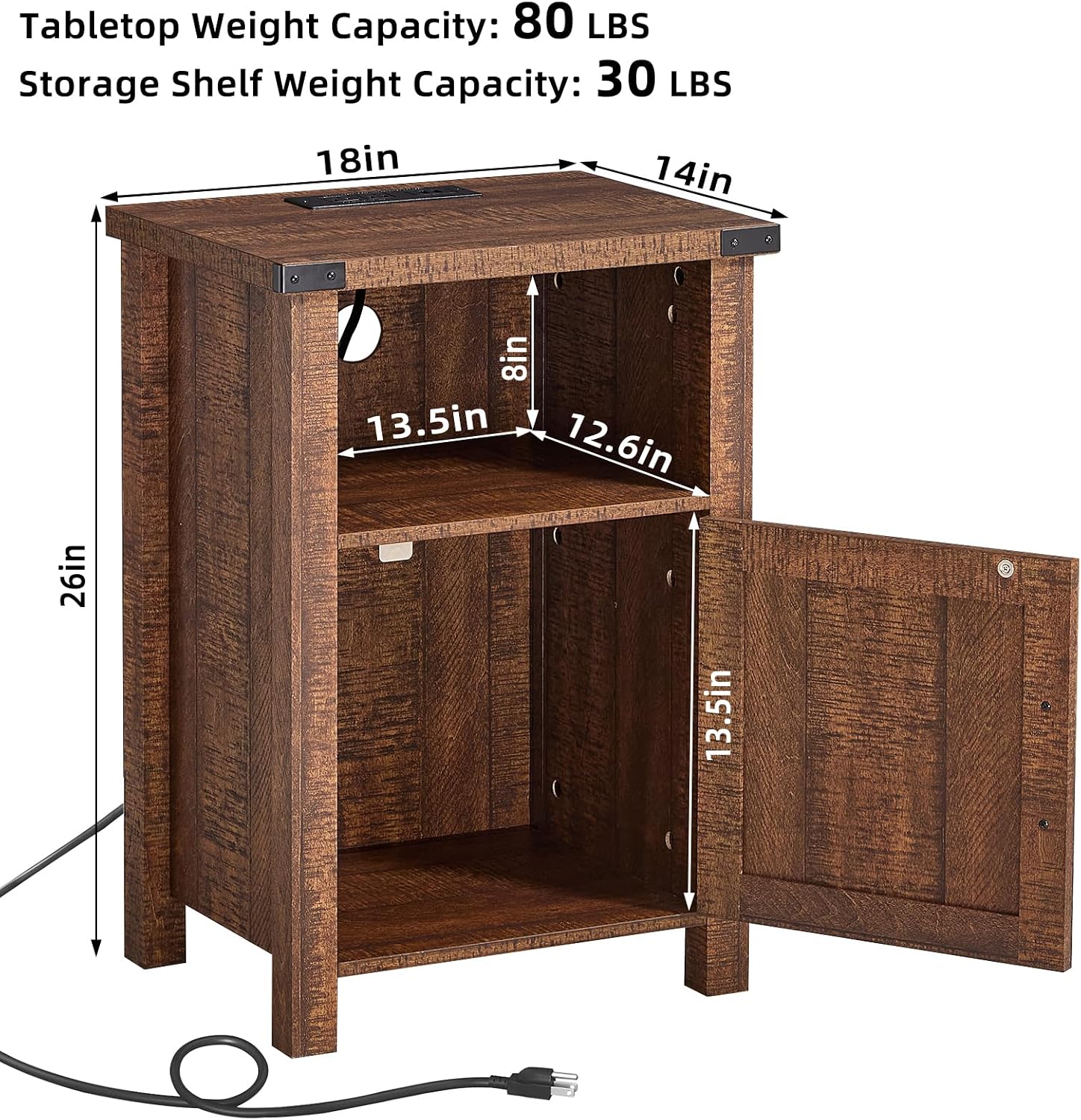 Joaxswe 18-Inch Nightstand with Charging Station and Fluted Door,Brown | 18-inch bedside table with AC and USB charging, open storage and a magnetic fluted door for bedroom essentials