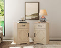 WAMPAT 32-Inch Tall Farmhouse End Table Set of 2 with Drawers and Adjustable Storage Shelves, Wood Side Table with Barn Doors for Living Room,Bedroom,Beige Wood