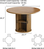 47 Inch Round Dining Table with Storage, 2-Layer Shelf & Wood Slide Door, Farmhouse Style, Waterproof Top, 330 lbs Capacity, for 4-6 Person, Easy Assembly, Walnut