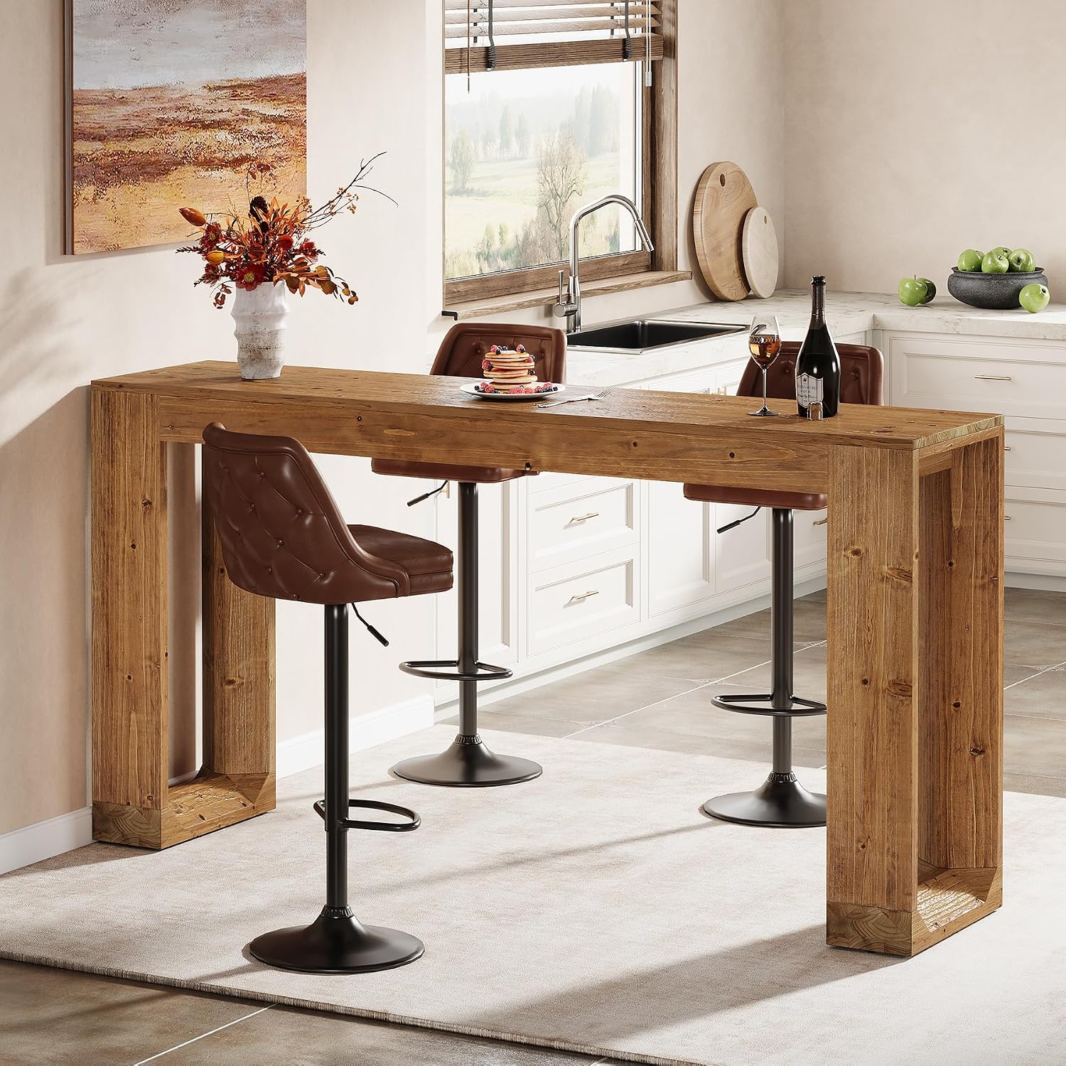 63-Inch Solid Wood Bar Table, Narrow Long Counter Height Pub Dining Table, Farmhouse Rectangular Home Coffee Bar Units for Kitchen, Dining Room, Living Room, Bistro, Brown