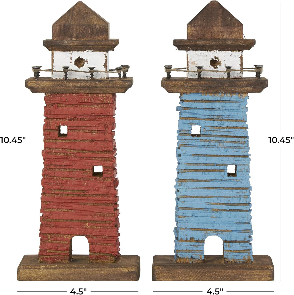 Deco 79 Wood Light House Decorative Sculpture Distressed Home Decor Statues with Blue and Brown Accents, Set of 2 Accent Figurines 5" W, 10" H, Red
