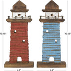 Deco 79 Wood Light House Decorative Sculpture Distressed Home Decor Statues with Blue and Brown Accents, Set of 2 Accent Figurines 5" W, 10" H, Red