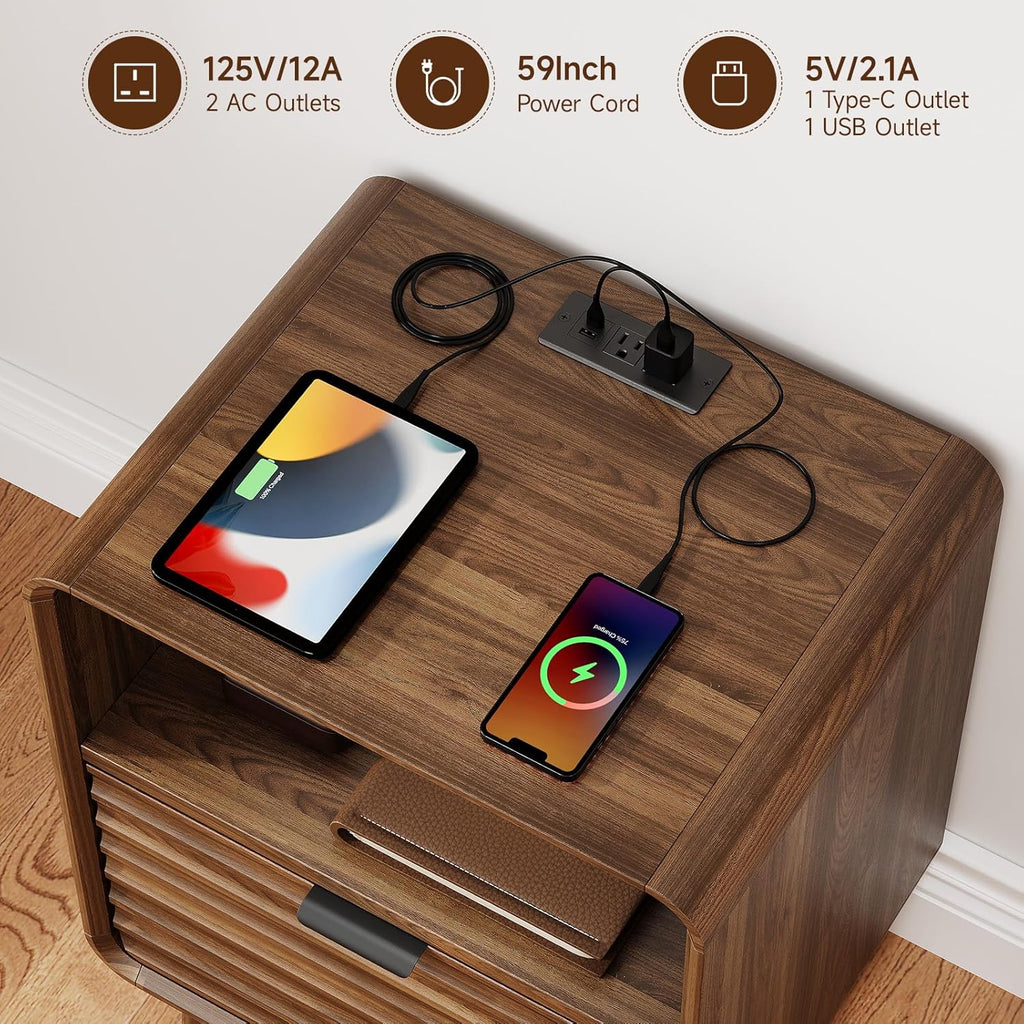ONBRILL 19.7'' Wide End Table with Charging Station,Fluted Accent Side Table with Drawer & Open Cubby Storage,Mid Century Nightstand for Bedroom,Living Room,Walnut