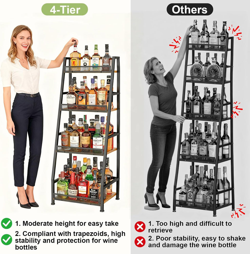 4-Tier Trapezoid Liquor Stand for Home Bar, Stepped Wine Rack Freestanding Floor Liquor Cabinet for Whiskey Wine, Versatile Corner Wine Bottle Display Stand with Fences, Vintage Brown（Patent Pending）