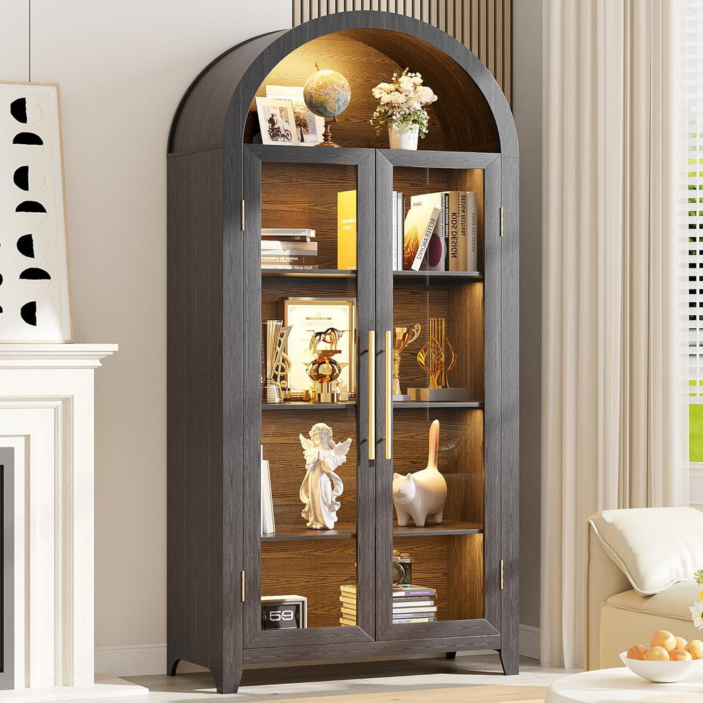 LVSOMT 71” Arched Curio Cabinet with Glass Doors, Display Cabinet with Human Sensor LED Light, 5 Tier China Cabinet with Adjustable Shelf, Tall Bookcase with Storage for Home Black