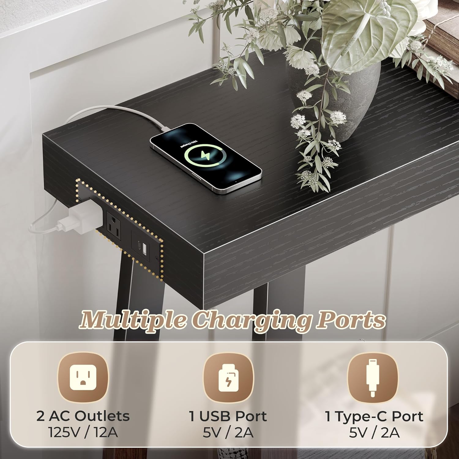 Huuger Entryway Console Table with Charging Station, USB-C Port, 47.2 Inch Sofa Table with Metal Legs, Entry Hallway Table with Thicker Desktop, Modern Behind Couch Table, Black
