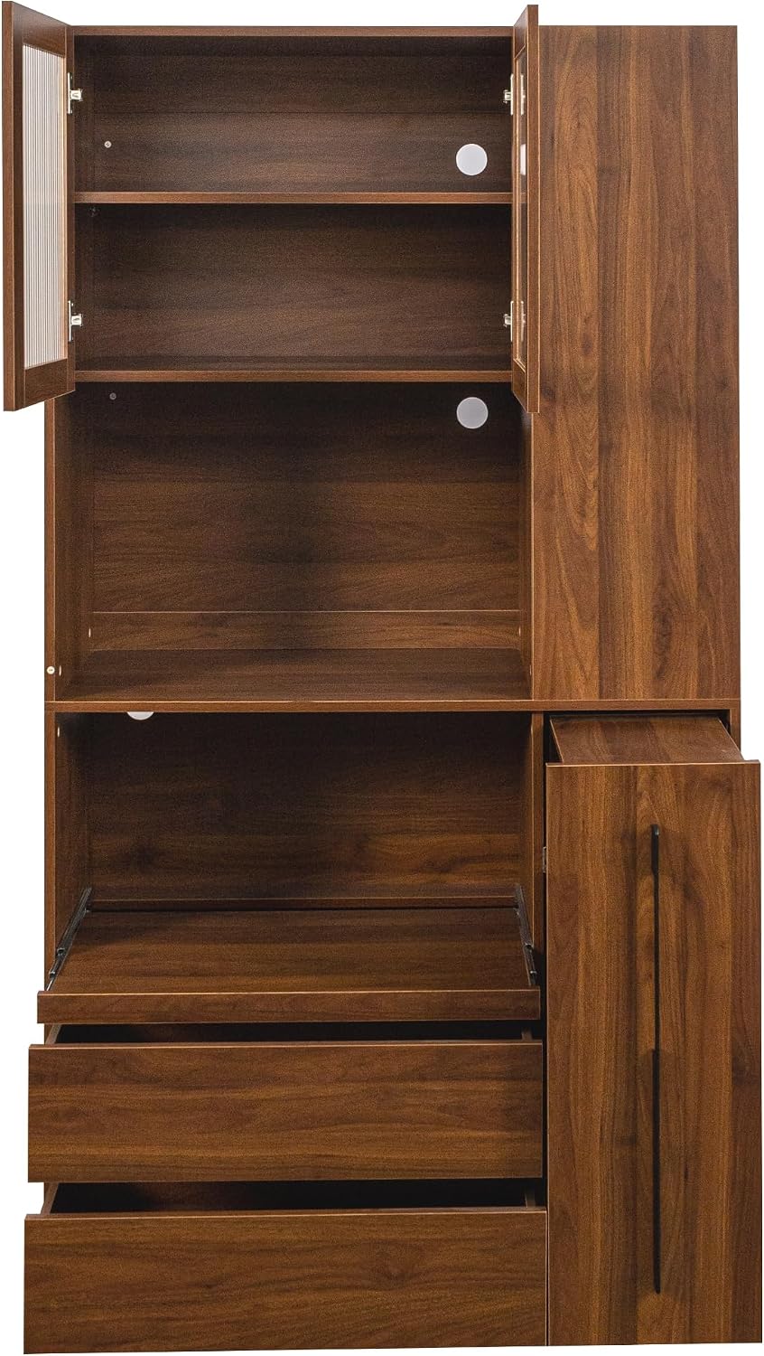 Jmyab 70.87" Tall Kitchen Pantry Cabinet, Kitchen Pantry with 4-Tier Side Shelf and 2 Drawers, Freestanding Storage Cabinet with Microwave Stand for Dining Room, Walnut