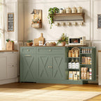 HOSTACK 59"W Kitchen Buffet Cabinet with Storage, Coffee Bar Cabinet, Green | Large Sideboard with Charging Station & Small Rolling Cart, Farmhouse Buffet with Adjustable Shelf & 2 Drawers & Door Rack