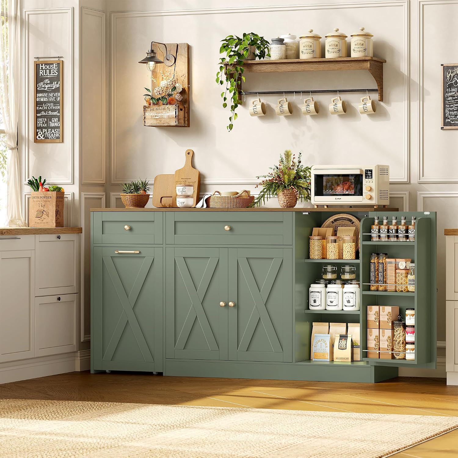 HOSTACK 59"W Kitchen Buffet Cabinet with Storage, Coffee Bar Cabinet, Green | Large Sideboard with Charging Station & Small Rolling Cart, Farmhouse Buffet with Adjustable Shelf & 2 Drawers & Door Rack