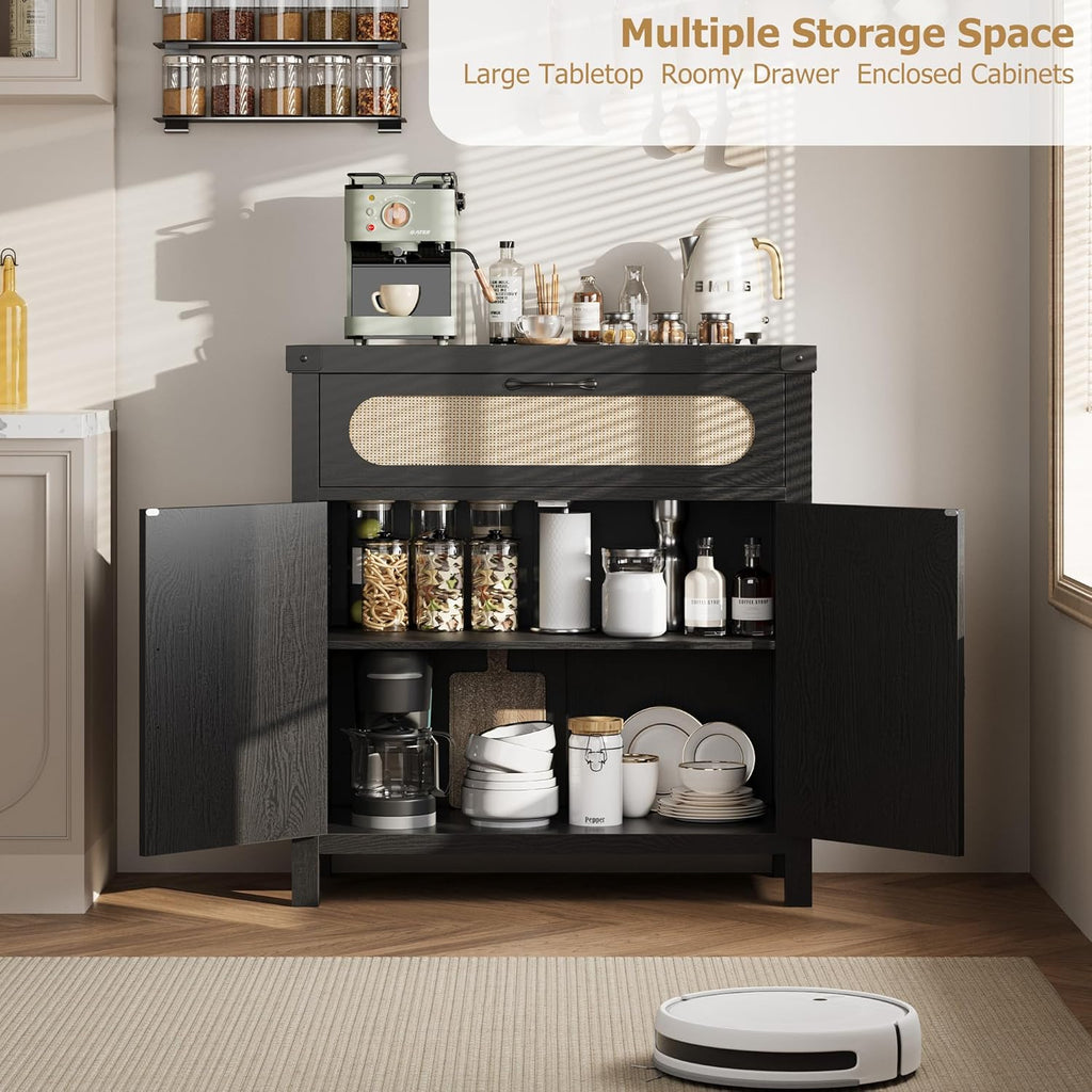 GarveeHome Rattan Sideboard Buffet Cabinets with Storage, Farmhouse Kitchen Accent Storage Cabinet with Drawer, Boho Wooden Coffee Bar Cabinet for Dining Room, Living Room, Hallway, Black