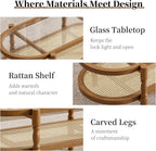 Rattan Coffee Table, Oval Cocktail Table with Glass Top and Solid Wood Frame, Boho Indoor & Outdoor Coffee Table, Brown, 40 in