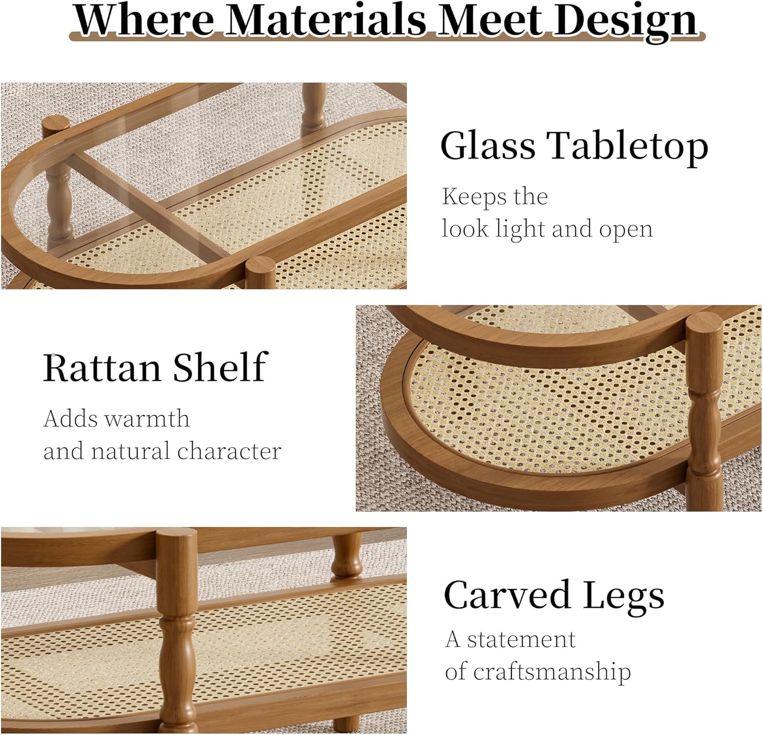 Rattan Coffee Table, Oval Cocktail Table with Glass Top and Solid Wood Frame, Boho Indoor & Outdoor Coffee Table, Brown, 40 in