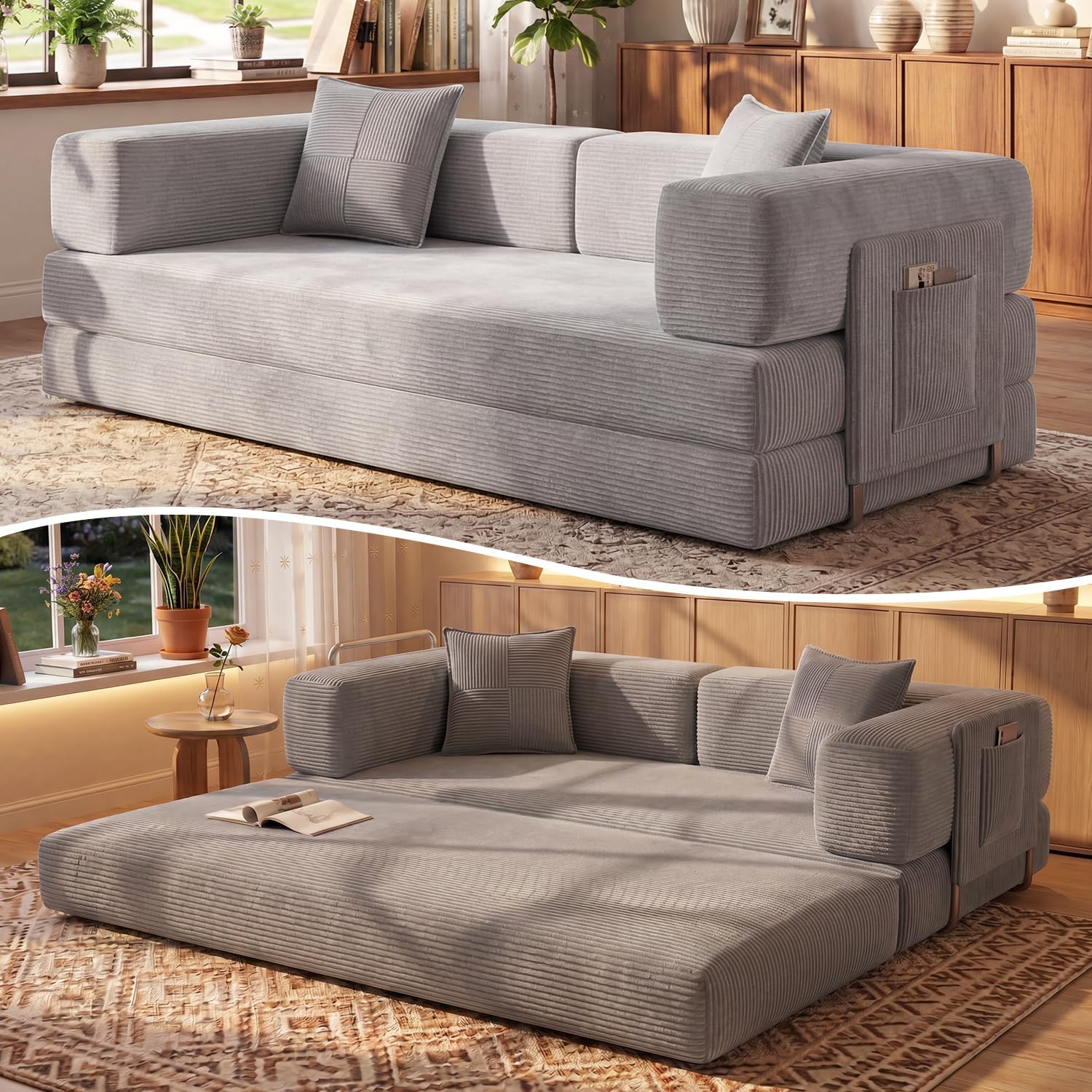 79" Convertible Sofa Bed, Corduroy Pull Out Couch with Storage Pocket, Folding Futon Sofa Bed, No Assembly Boneless Couch Bed Sleeper Sofa for Living Room Bedroom, Grey