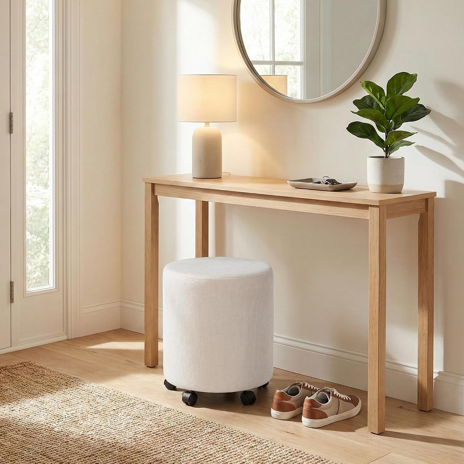 Get Set Style Ottoman with Wheels, Rolling Vanity Stool for Makeup, Upholstered Vanity Rolling Chair Footrest Round Ottoman Foot Stool for Living Room, Bedroom Beige