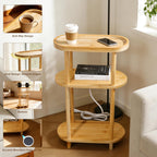Side Table, Nightstand with Charging Station — Bamboo Narrow End Table with 3-Tier Oval Design & Storage Shelf for Bedroom, Living Room, Small Spaces, Portable, Natural (16"×8"×26")
