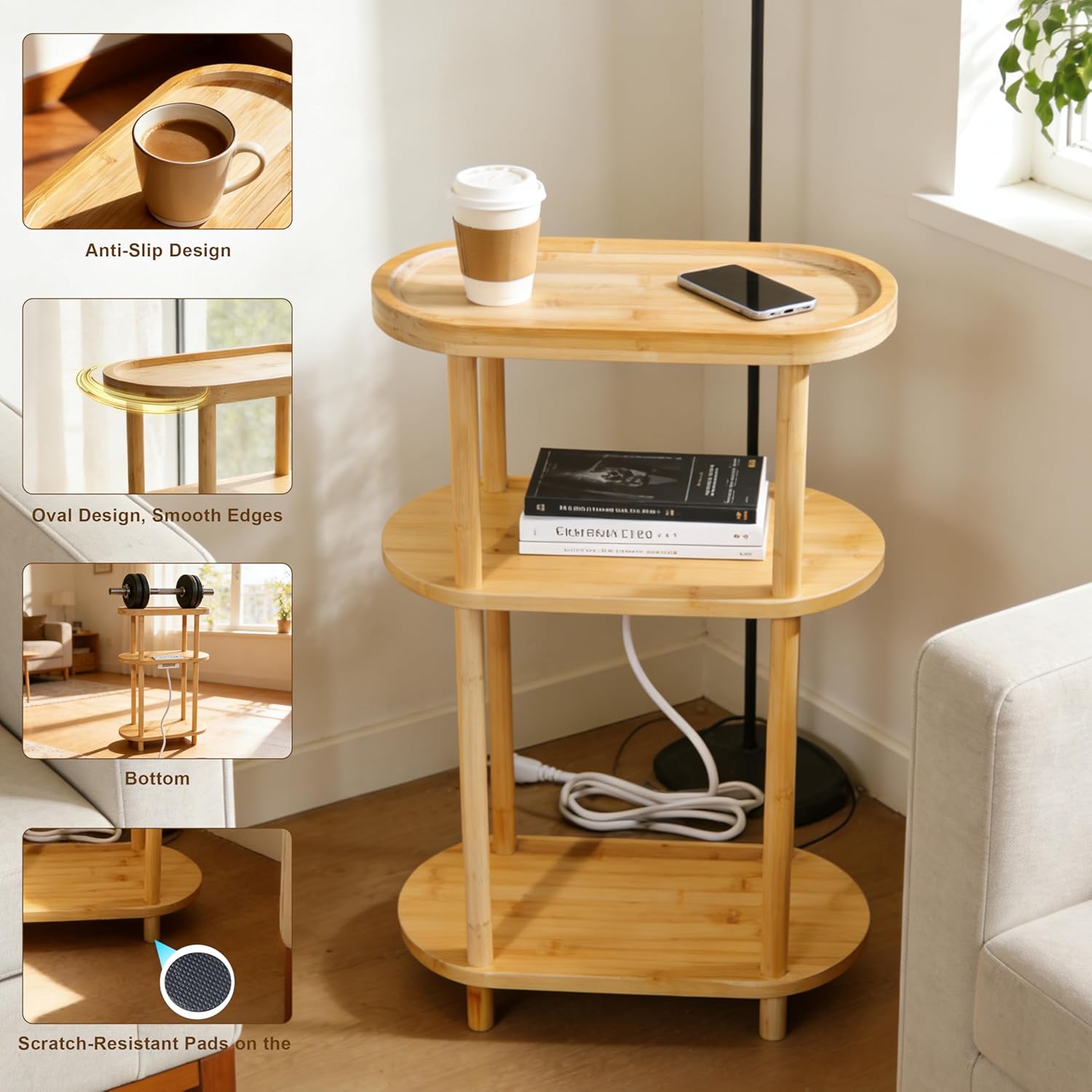 Side Table, Nightstand with Charging Station — Bamboo Narrow End Table with 3-Tier Oval Design & Storage Shelf for Bedroom, Living Room, Small Spaces, Portable, Natural (16"×8"×26")