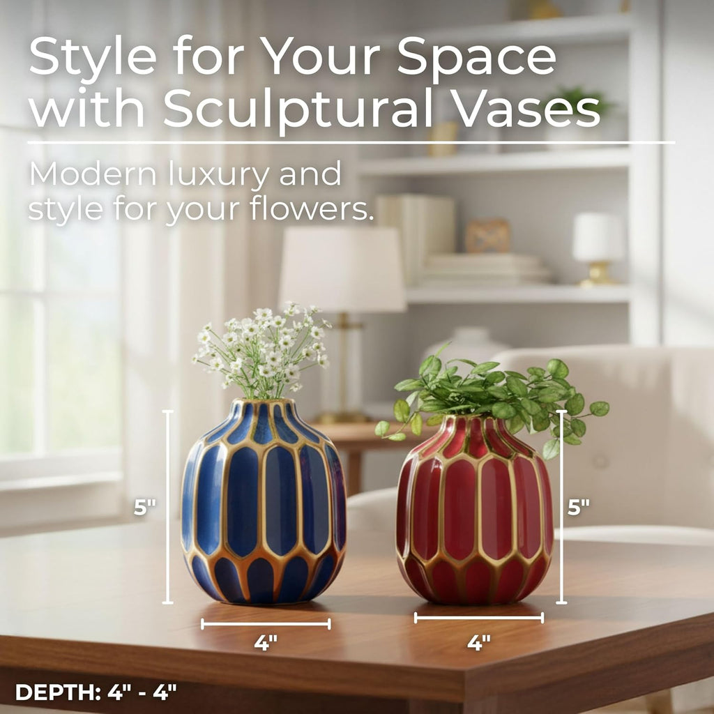 Elegant Ceramic Vase for Living Room Decor and Home Decor Accent - Modern Decorative Flower Vase for Room, Bedroom, or Office Desk - Designed for House and Table Decor - Set of 2, 5", Blue & Red