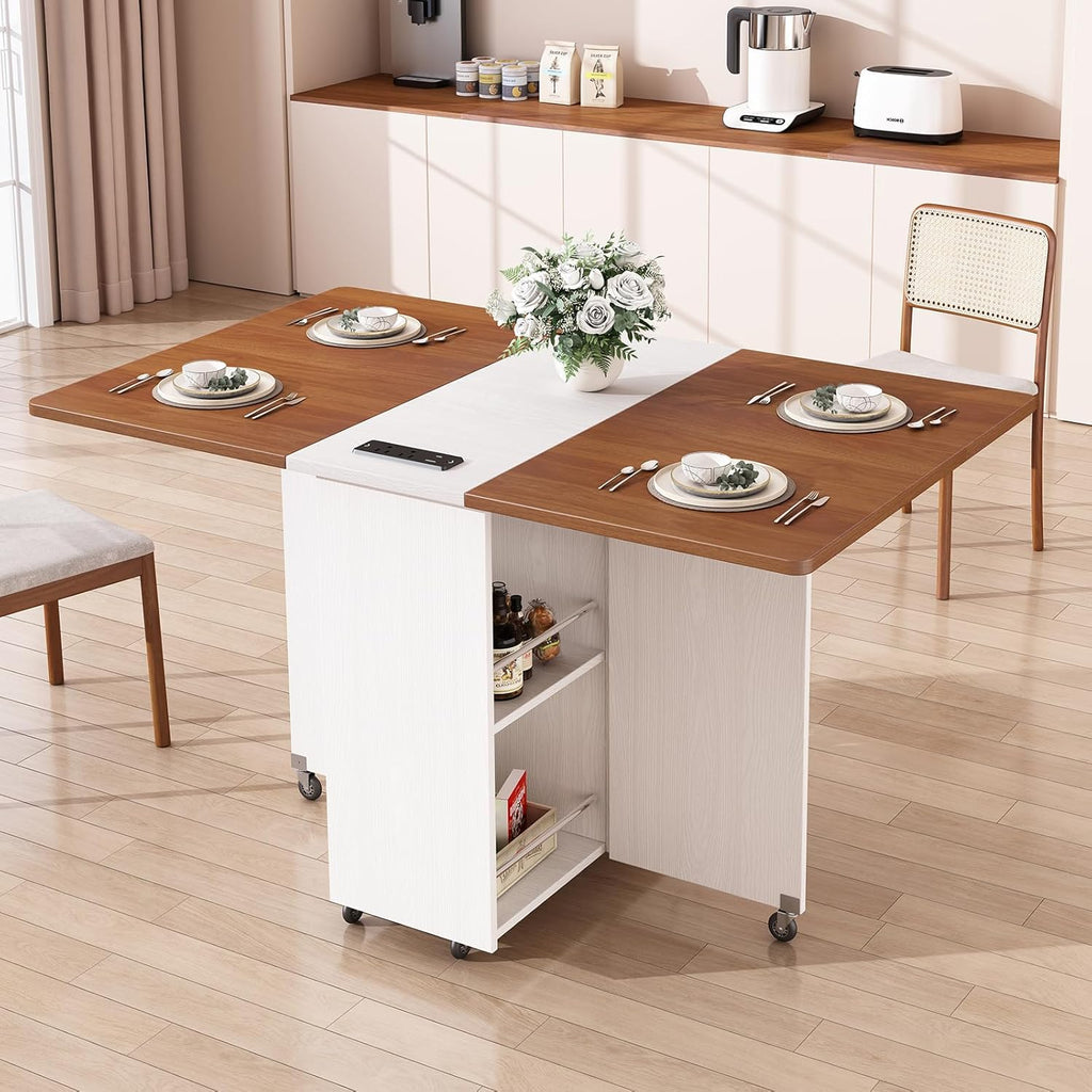 51″ Transformer Table for 2-4, Farmhouse Foldable Dining Table with Drawer and Power Outlet, Small Dining Table with 6 Wheels for Small Space, Walnut