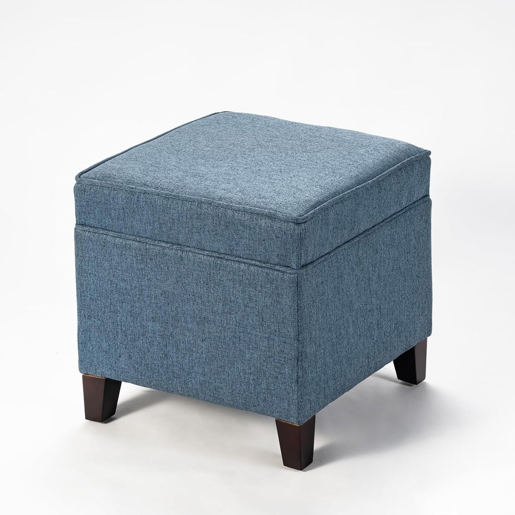 Linen Storage Ottoman with Wooden Legs, 17" Square Upholstered Flip-Top Footrest Stool, Extra Seat or Coffee Table for Living Room, Bedroom, Entryway, Blue