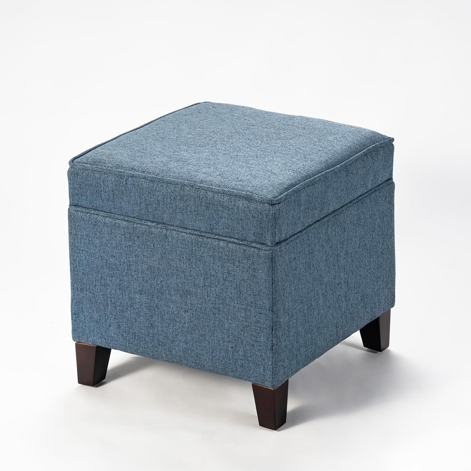 Linen Storage Ottoman with Wooden Legs, 17" Square Upholstered Flip-Top Footrest Stool, Extra Seat or Coffee Table for Living Room, Bedroom, Entryway, Blue