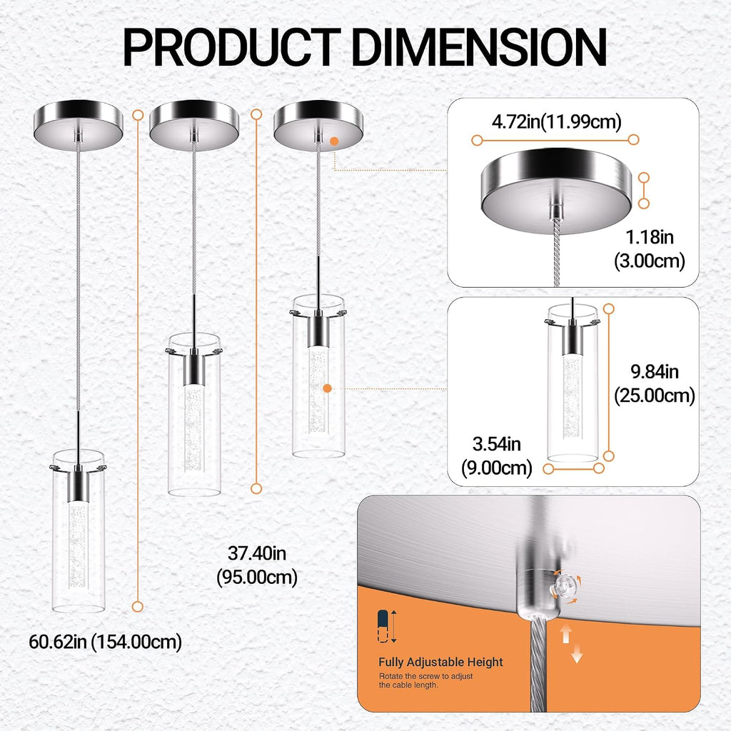 Pendant Ceiling Light Fixture, LED Kitchen Lighting Crystal Pendant Lights Kitchen Island, 1-Light Integrated Kitchen Hanging Light Fixture Modern Island Light with Bubble Glass Three Pack