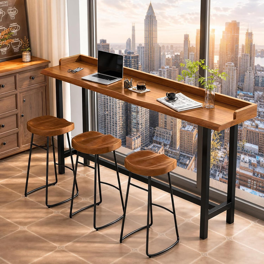 Live Edge Bar Table with Guardrail, 2" Thick Solid Wood Long Narrow High Top Table, Industrial Counter Height Pub Table, Breakfast Tables with Metal Frame for Kitchen, Window, Coffee Bar