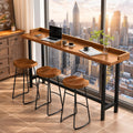 Live Edge Bar Table with Guardrail, 2" Thick Solid Wood Long Narrow High Top Table, Industrial Counter Height Pub Table, Breakfast Tables with Metal Frame for Kitchen, Window, Coffee Bar