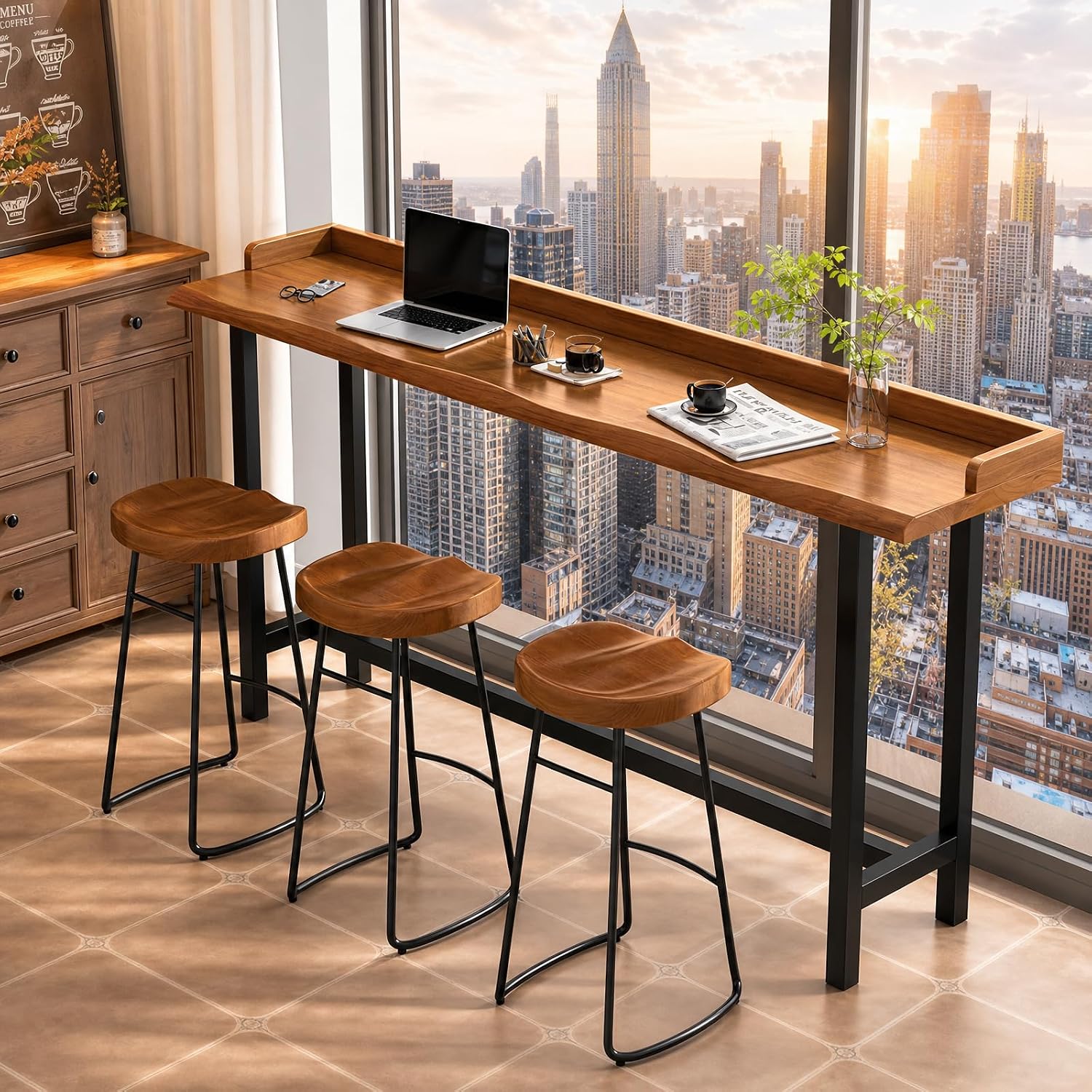 Live Edge Bar Table with Guardrail, 2" Thick Solid Wood Long Narrow High Top Table, Industrial Counter Height Pub Table, Breakfast Tables with Metal Frame for Kitchen, Window, Coffee Bar