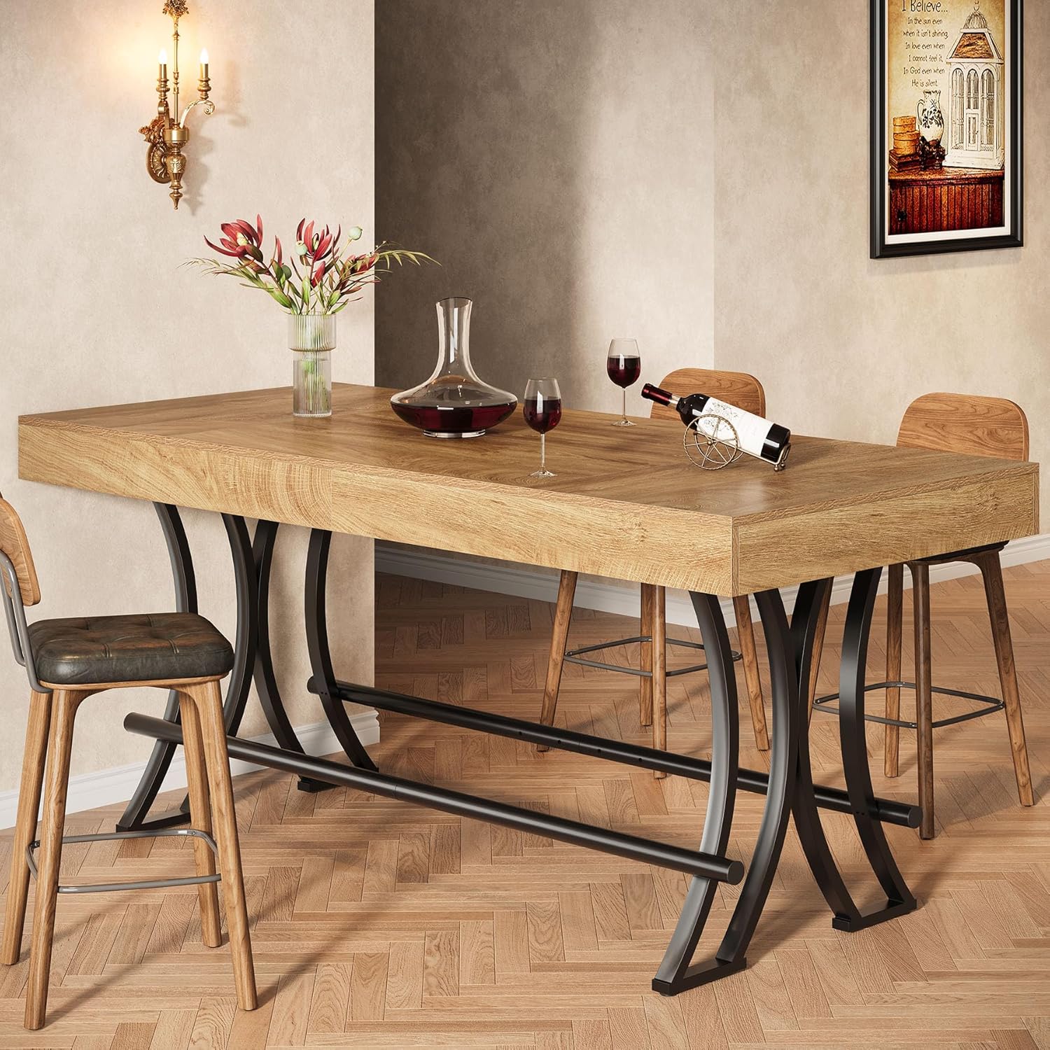 Tribesigns 63" Counter Height Bar Table with Metal Footrest, Rectangular Tall Kitchen Dining Pub Table, Industrial Home Bar Unit for Entertaining, Freestanding, Rustic Brown
