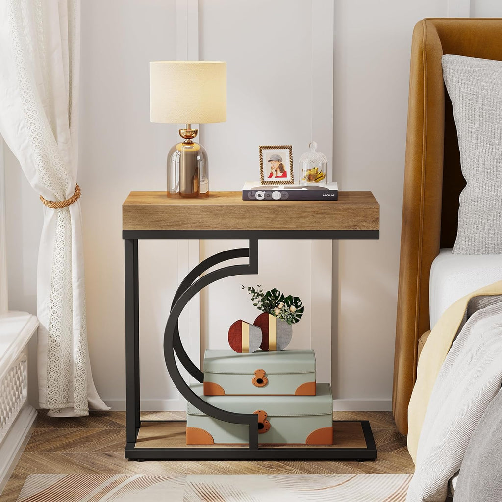 Tribesigns Narrow Side Table for Couch, C Shaped End Table with Metal Frame, Farmhouse Bedside Tables, Small Sofa Tables for Small Spaces, Living Room (1, Natural+Black)