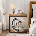Tribesigns Narrow Side Table for Couch, C Shaped End Table with Metal Frame, Farmhouse Bedside Tables, Small Sofa Tables for Small Spaces, Living Room (1, Natural+Black)